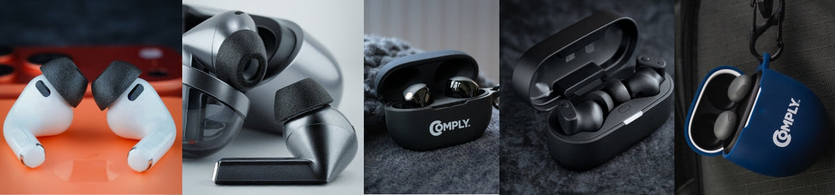 Memory Foam Ear tips to help keep earbuds in place showcasing Galaxy Buds3 Pro devices and a package of comply foam tips.