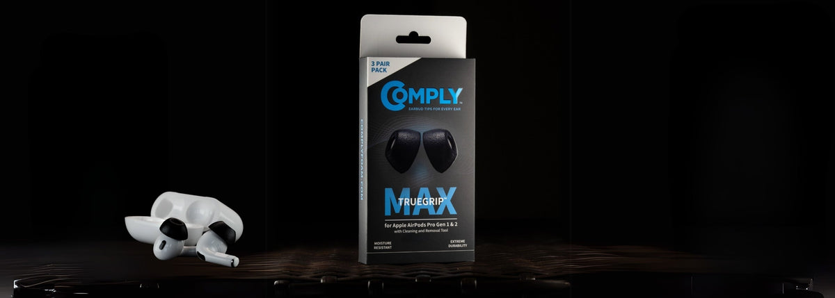 Memory Foam Ear tips to help keep earbuds in place showcasing Galaxy Buds3 Pro devices and a package of comply foam tips.