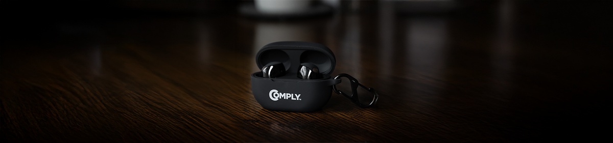 Memory Foam Ear tips to help keep earbuds in place showcasing Galaxy Buds3 Pro devices and a package of comply foam tips.